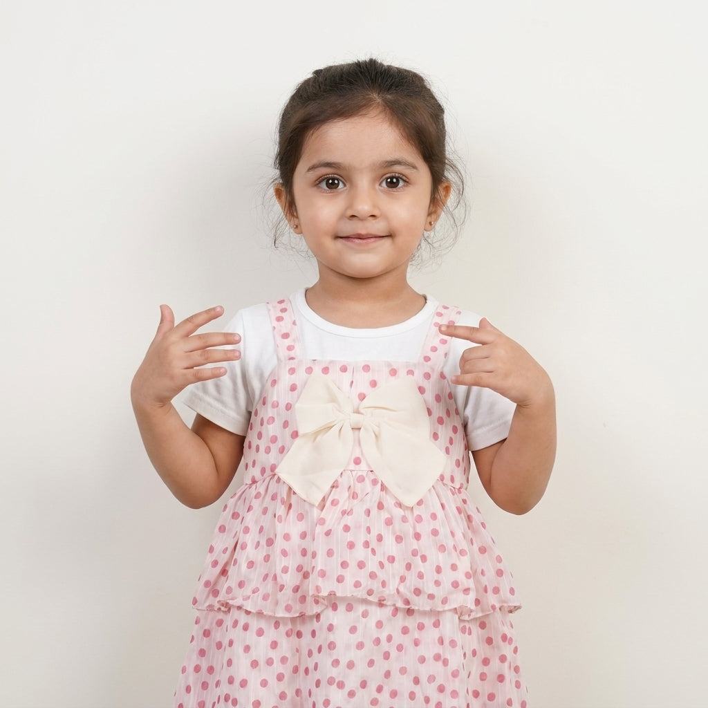 Girls Pink Polka Dot Layered Dress with White Inner T-Shirt & Bow