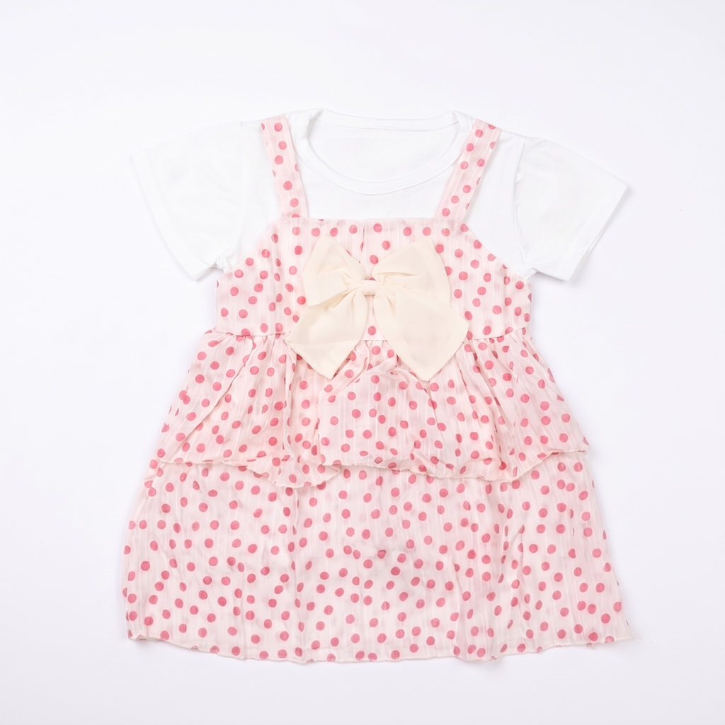 Girls Pink Polka Dot Layered Dress with White Inner T-Shirt & Bow