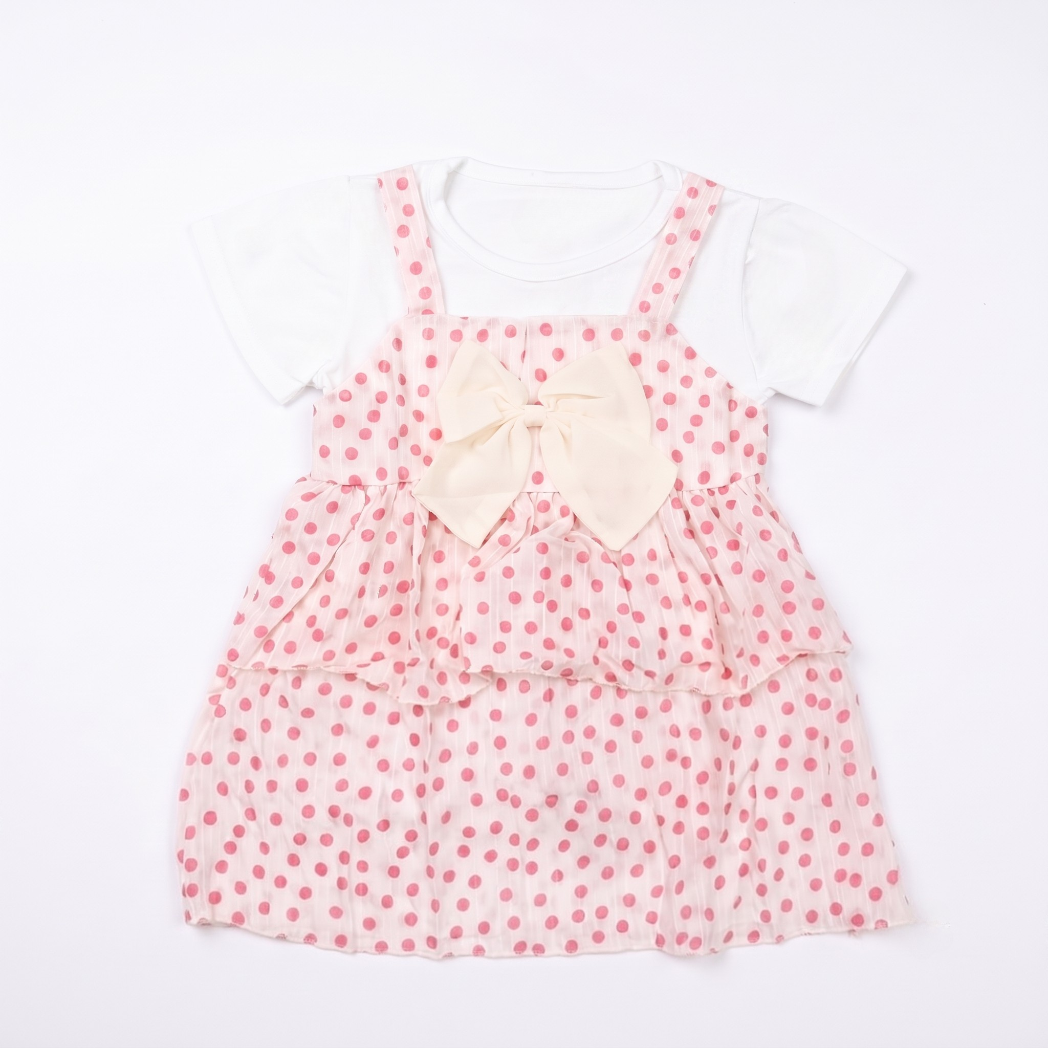 Girls Pink Polka Dot Layered Dress with White Inner T-Shirt & Bow
