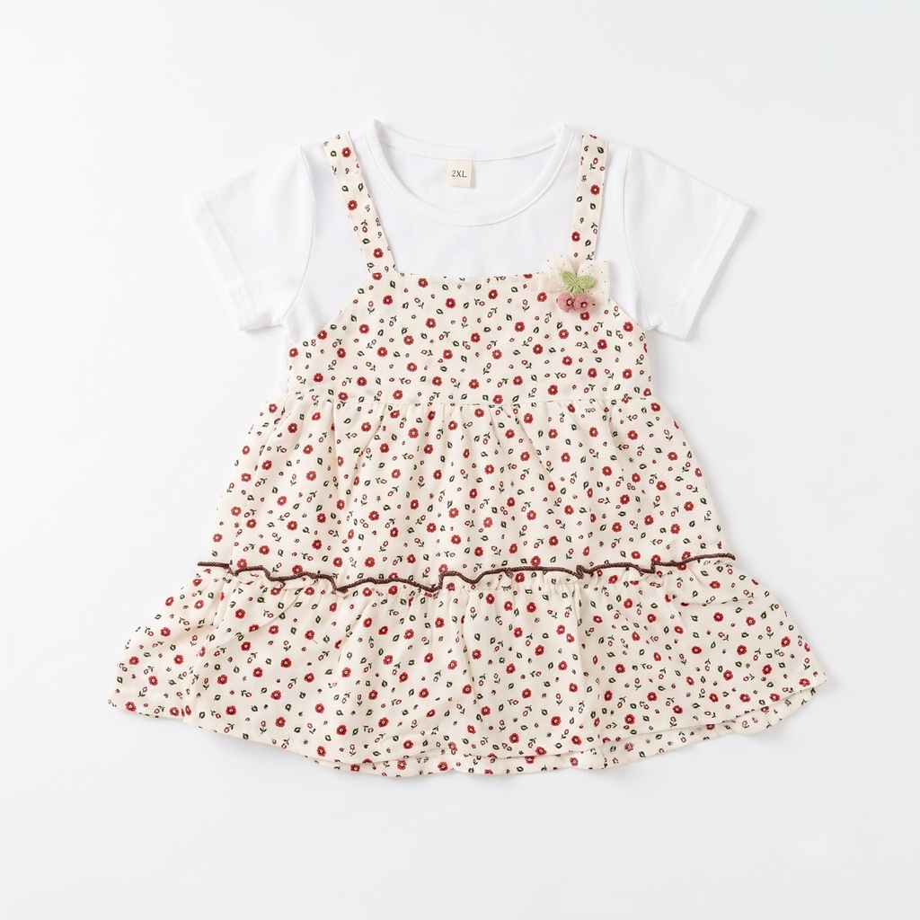 Girls Floral Layered Dress with White Inner T-Shirt
