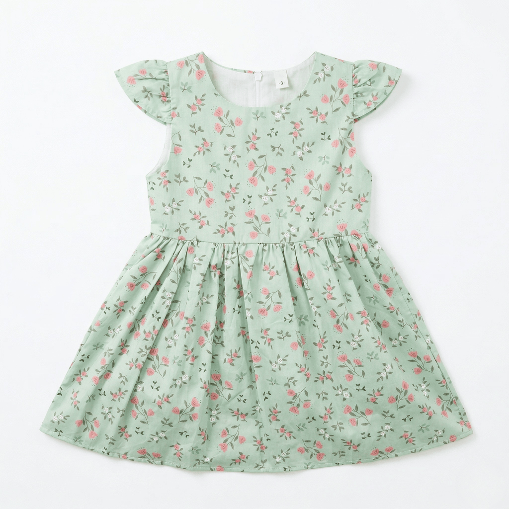 Mint Green Floral Flutter Sleeve Dress