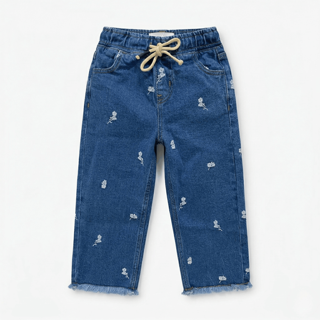 Floral Embroidered Wide-Leg Jeans ( Ink Blue )