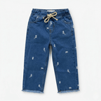 Floral Embroidered Wide-Leg Jeans ( Ink Blue )