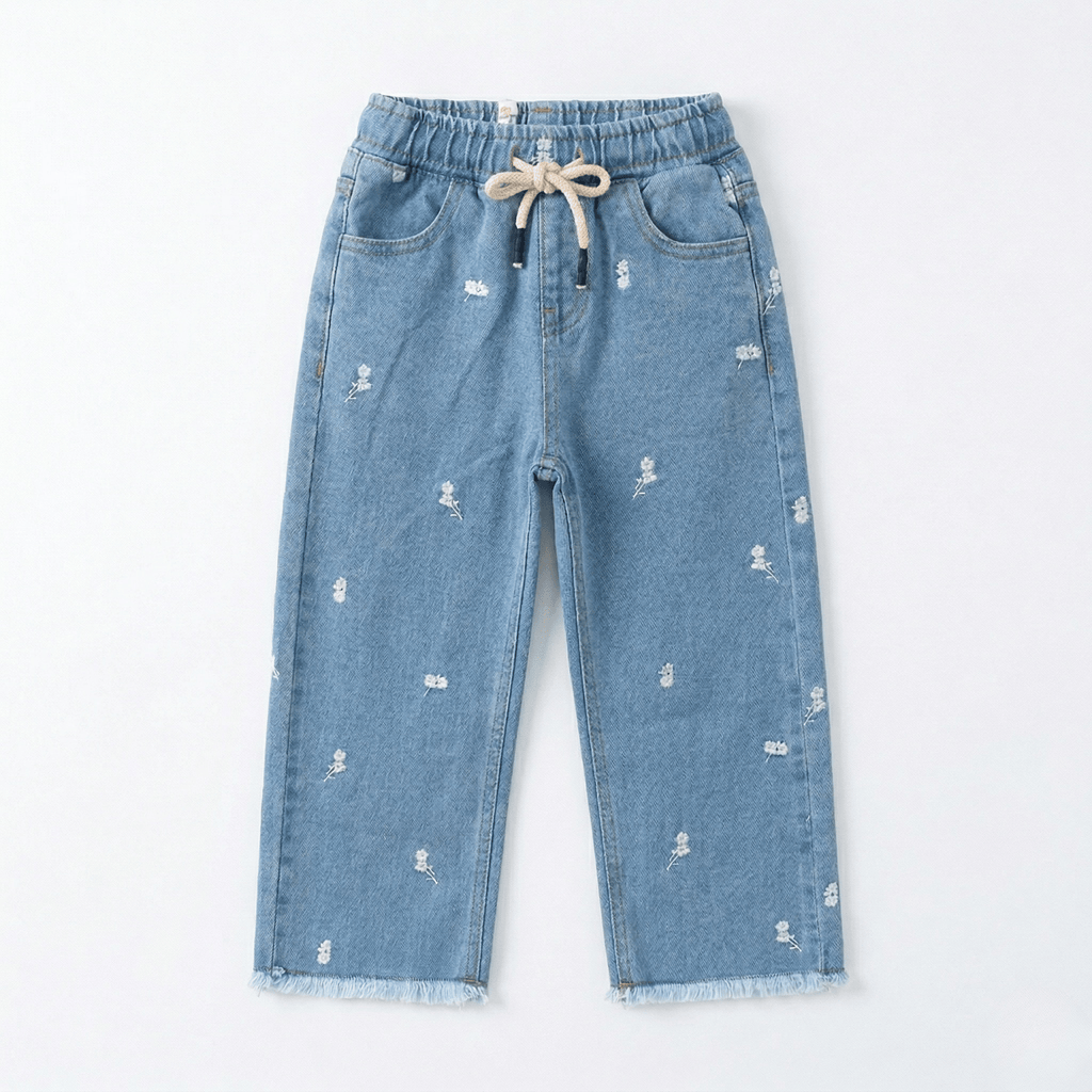 Floral Embroidered Wide-Leg Jeans ( Sky Blue )