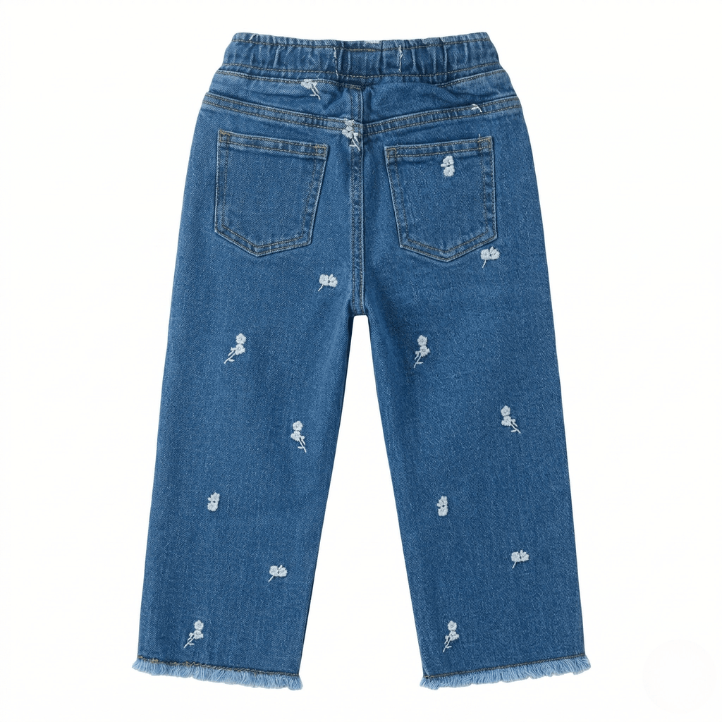Floral Embroidered Wide-Leg Jeans ( Ink Blue )