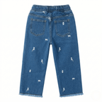 Floral Embroidered Wide-Leg Jeans ( Ink Blue )